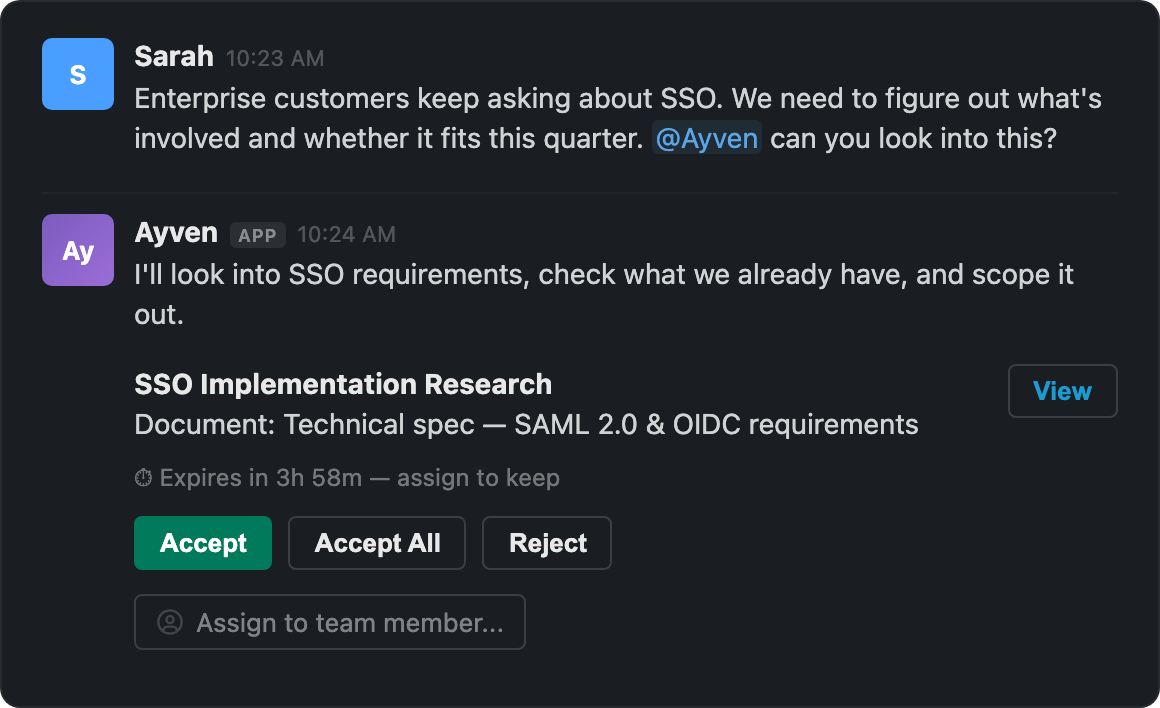 Slack thread showing Ayven researching SSO requirements, drafting a spec, creating tickets, and looping in team members
