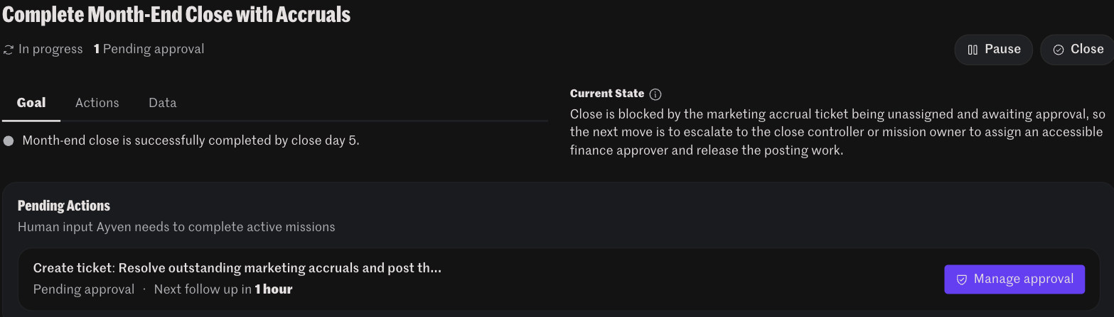 Ayven mission: run the month-end close, chase the accruals and reconciliation, verify each is posted by close day 5
