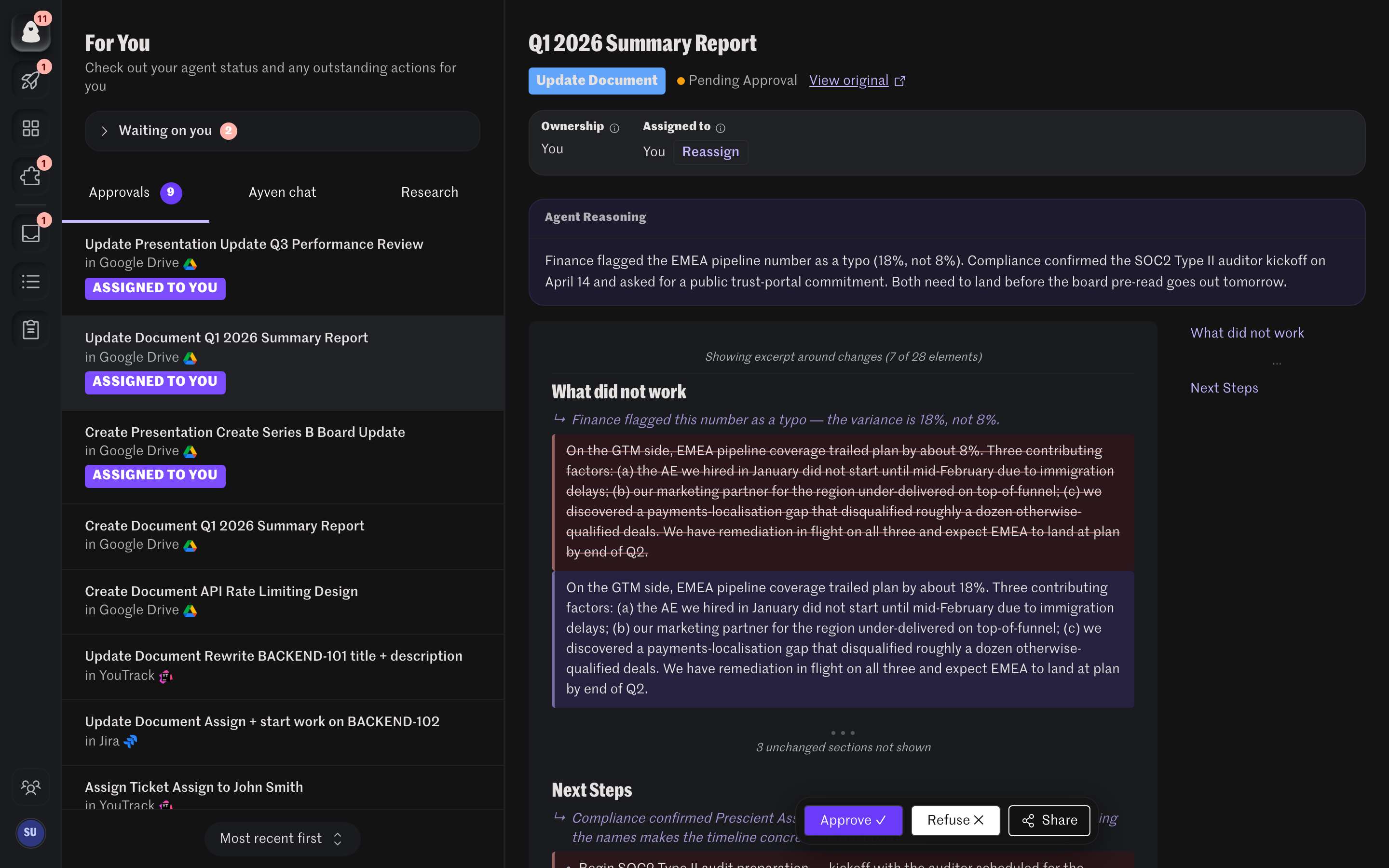 Ayven dashboard with an approval diff awaiting sign-off