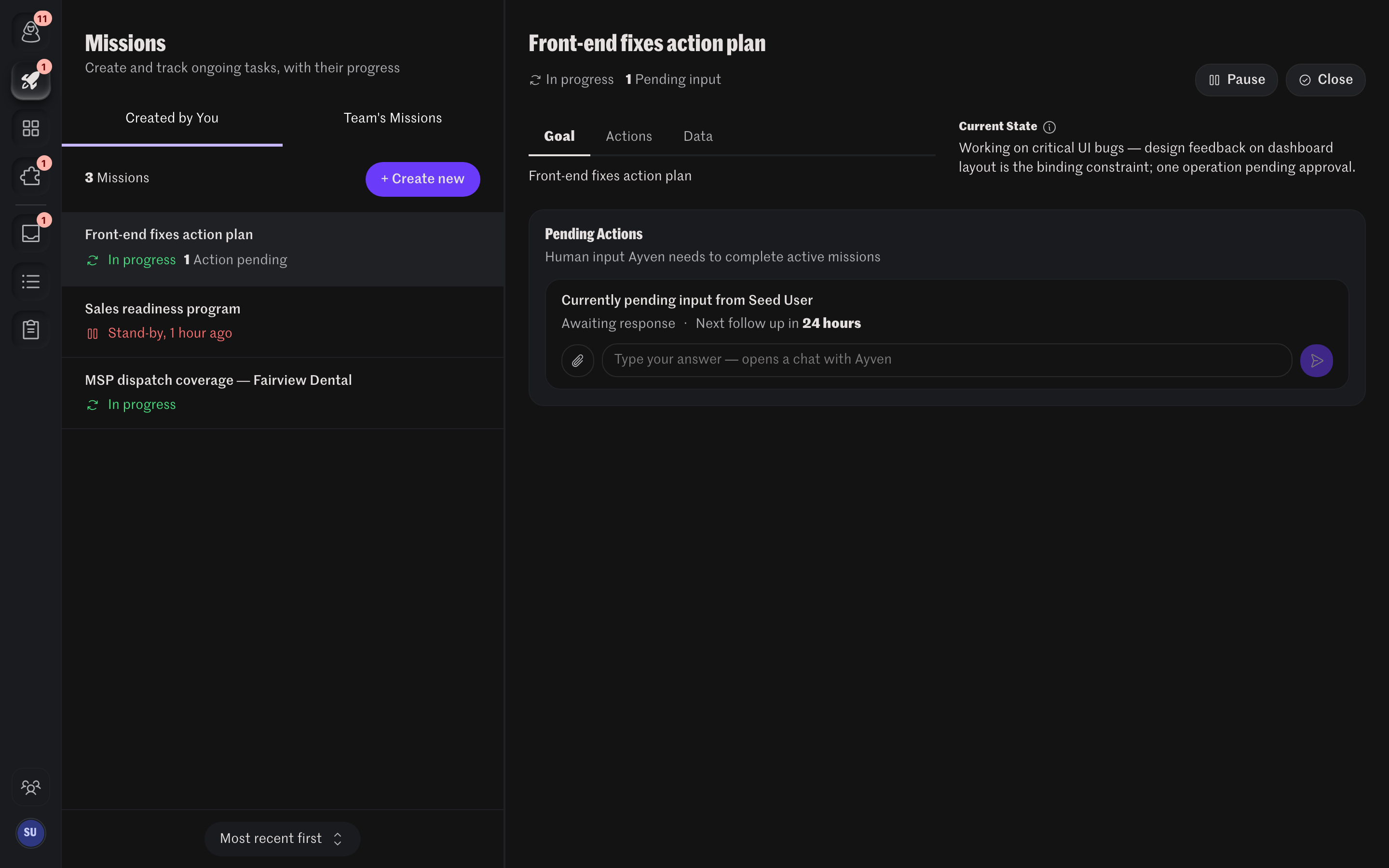 Ayven missions view with pending follow-ups