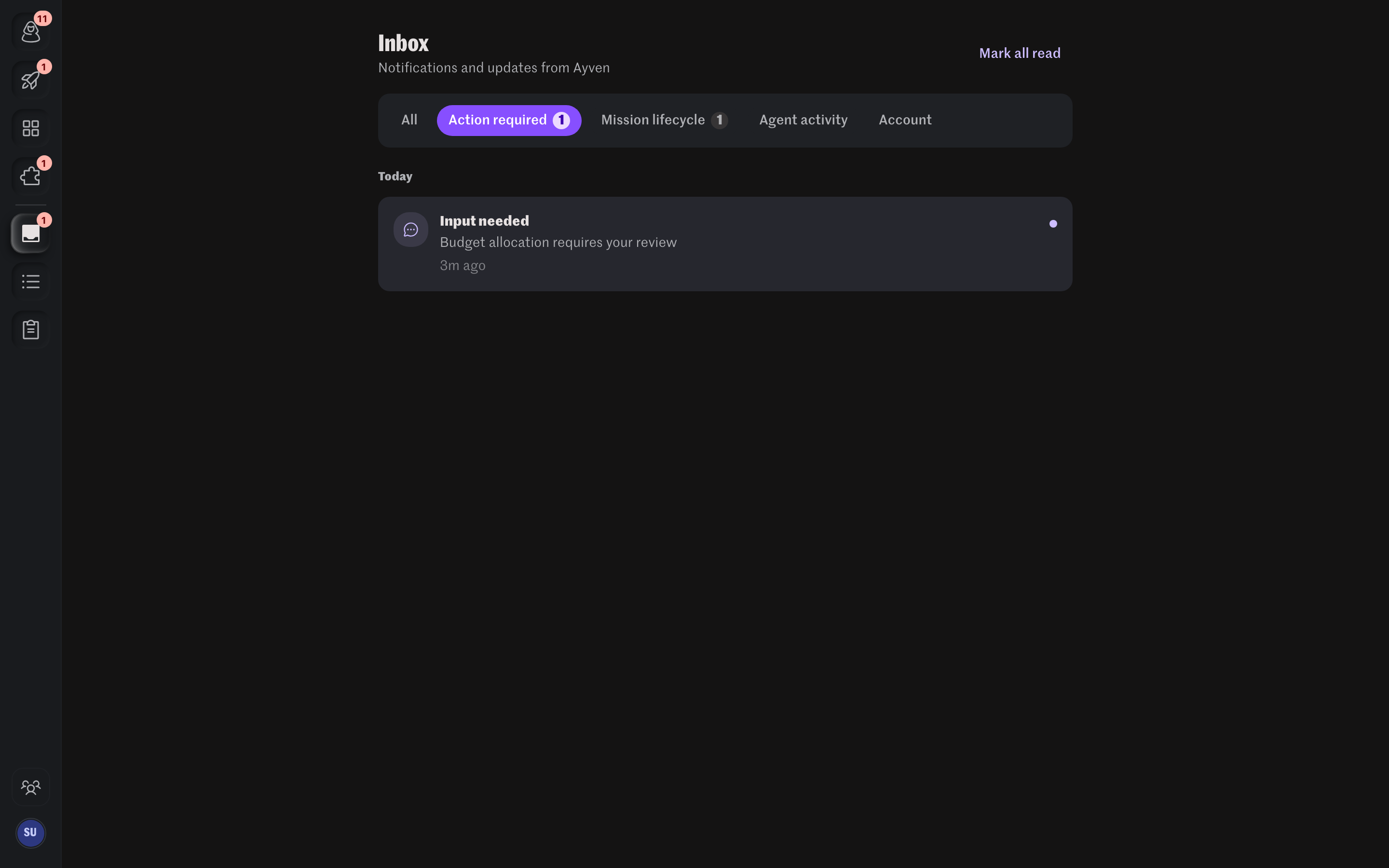 Ayven inbox showing items that require your action
