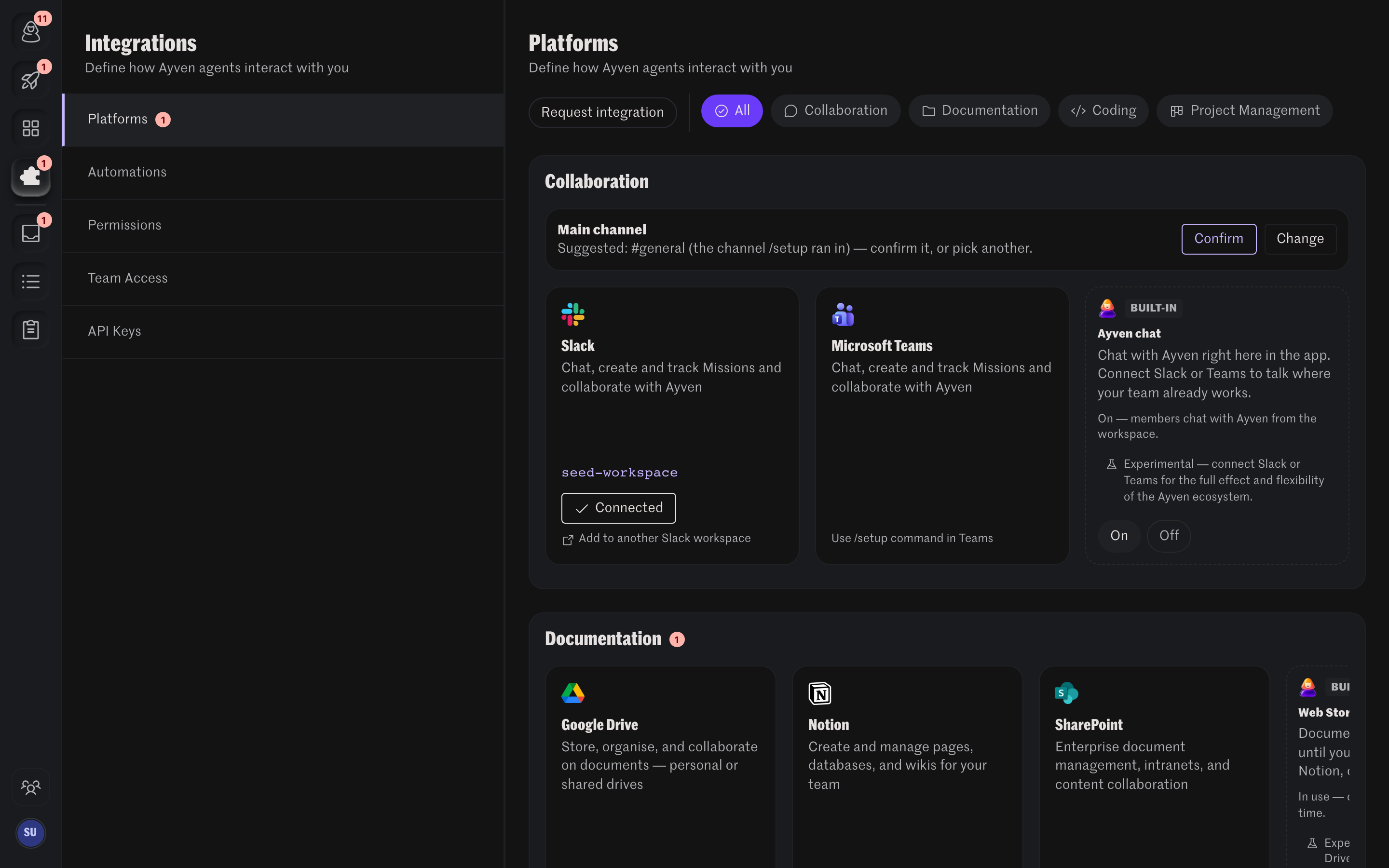 Ayven connected to Microsoft Teams alongside Slack and trackers